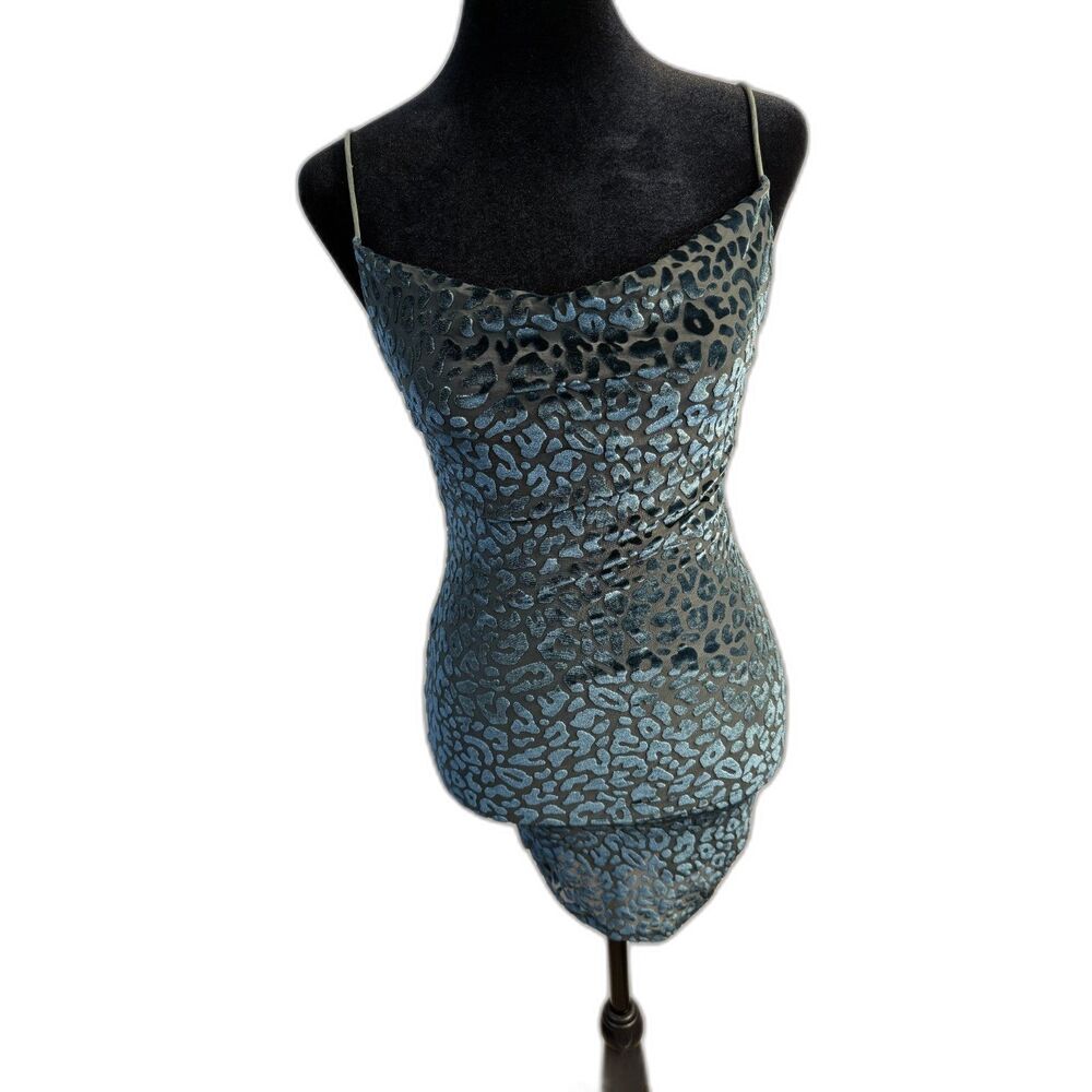 90s Grunge Teal Velvet Burnout Leopard Print Bodycon Mini Dress